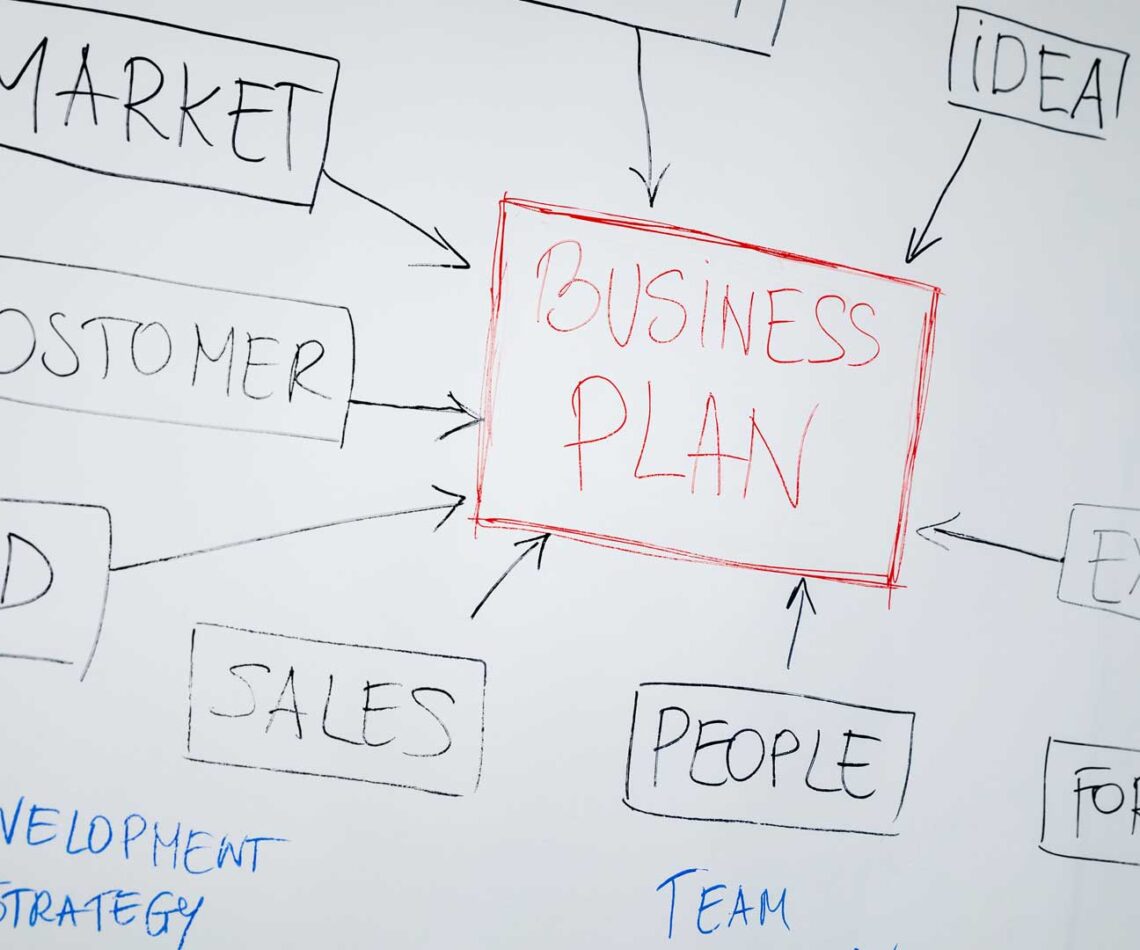Business plan block diagram on whiteboard