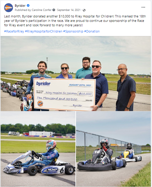 A social media post highlighting a charitable donation contributed by Byrider dealerships.